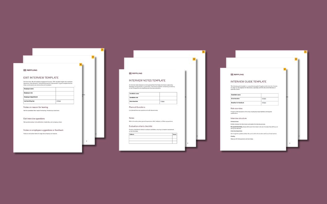 A graphic illustration of three sets of interview templates, including an exit interview template, interview notes template, and interview guide template