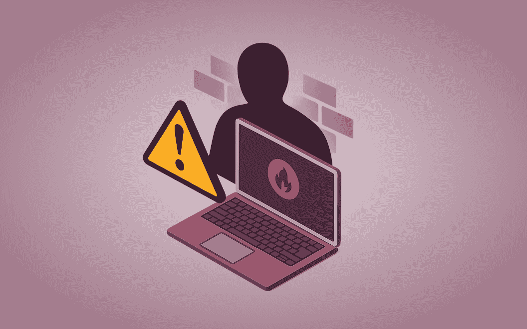Graphic illustration of a shady figure behind a laptop with an alert icon