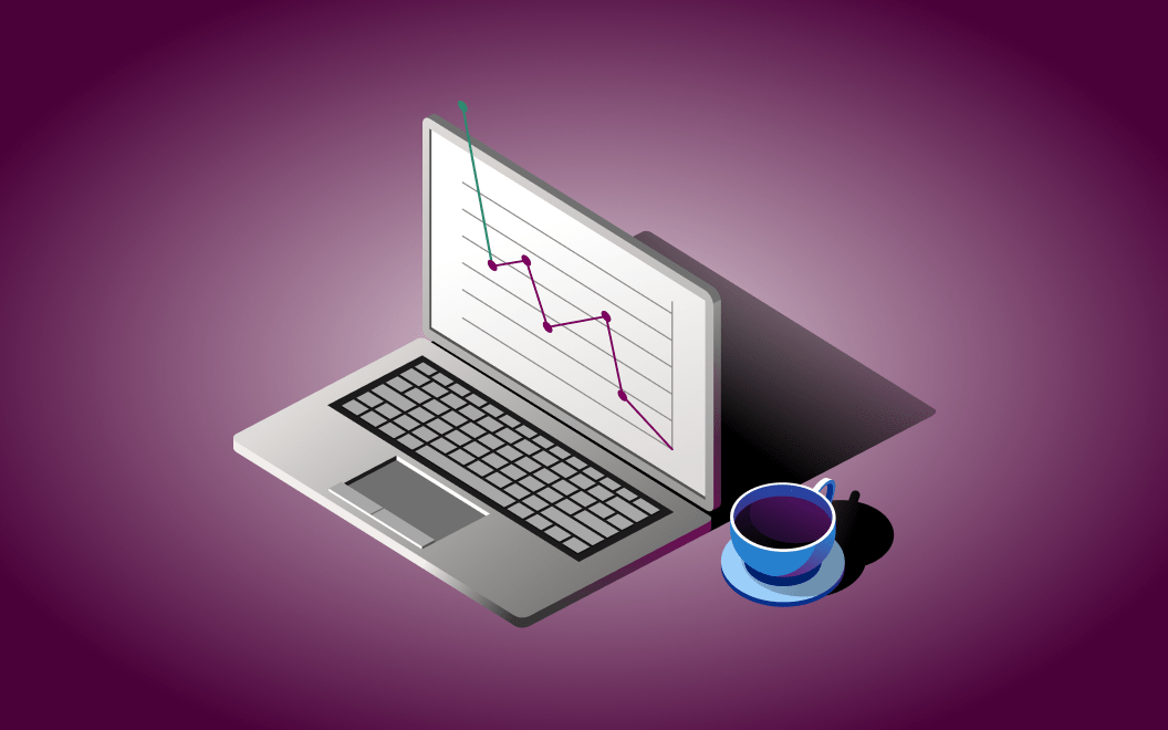 Graphic illustration of a laptop displaying a screen with a financial chart next to a cup of coffee