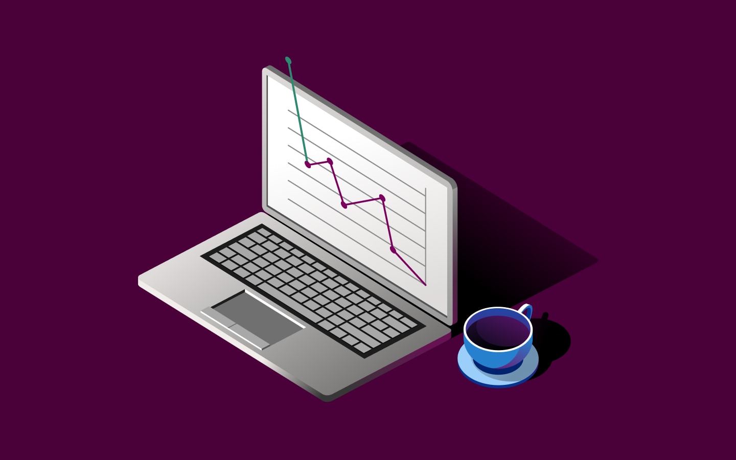 Graphic illustration of a laptop displaying a screen with a financial chart next to a cup of coffee