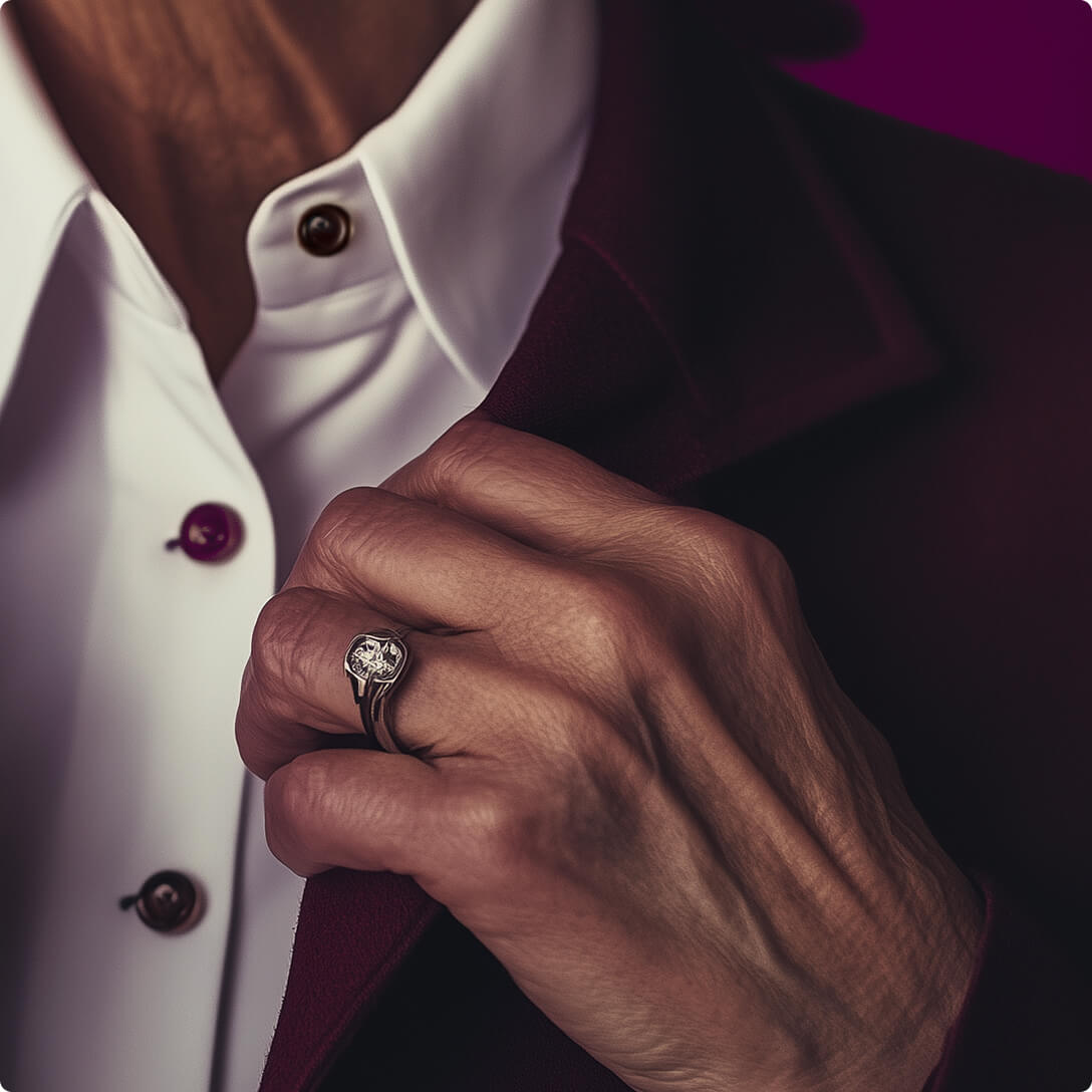 Gros plan d’une main portant une bague avec un diamant, ajustant un veston de costume bordeaux sur une chemise blanche immaculée.
