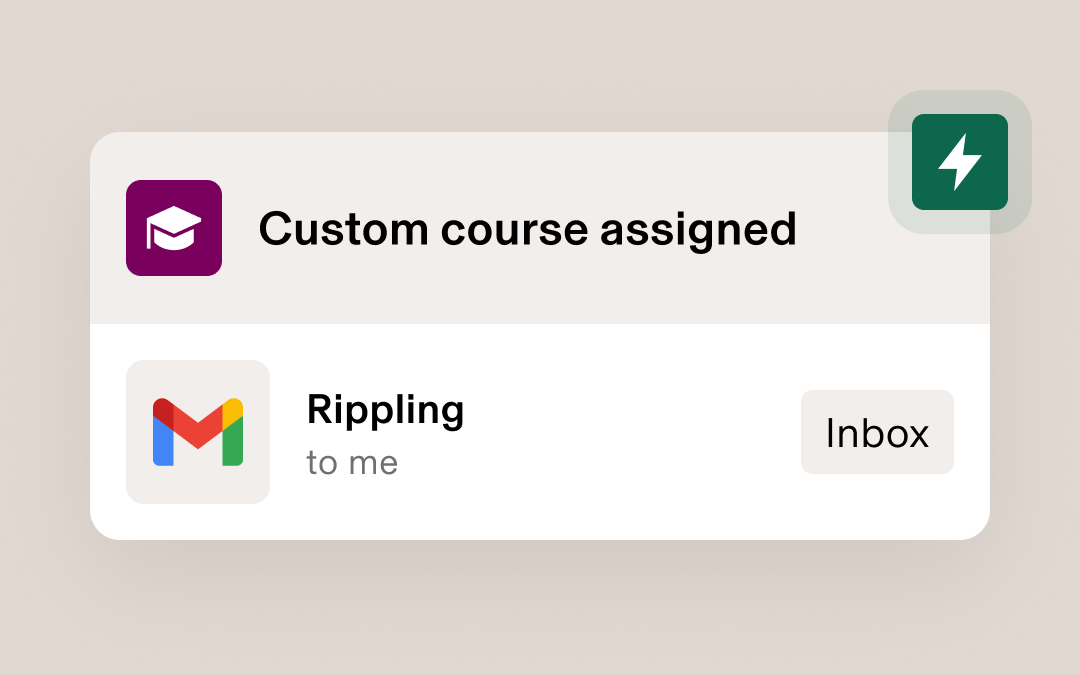 Mobile notification showing "Custom course assigned" with graduation cap icon, and Gmail notification for "Rippling to me" in inbox.