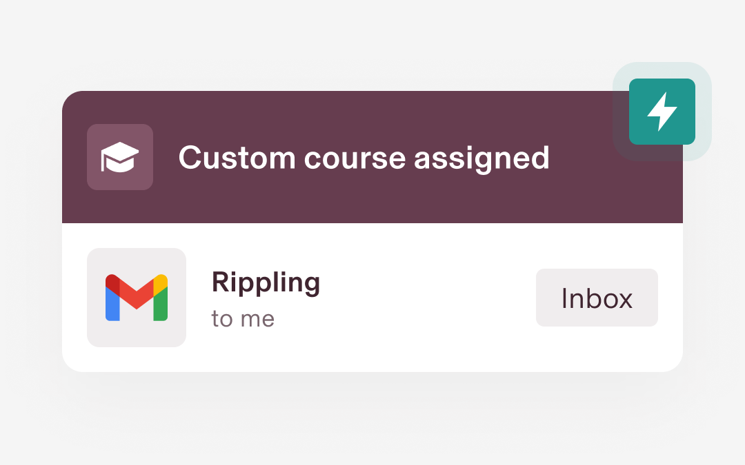 Mobile notification showing “Custom course assigned” with graduation cap icon, and Gmail notification for “Rippling to me” in inbox.