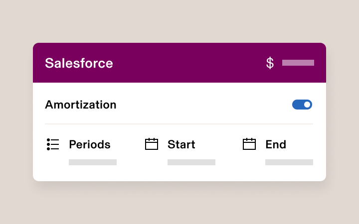 Salesforce amortization interface with toggle switch enabled and fields for periods, start date, and end date.