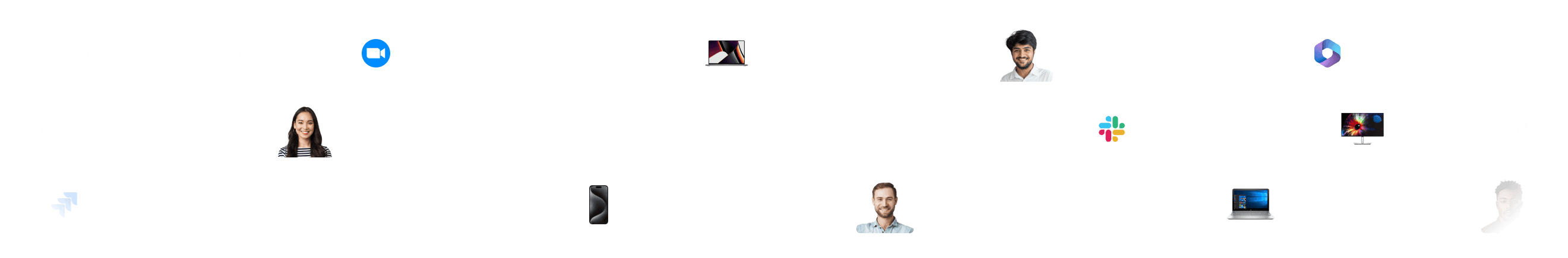 Various profile pictures and tech icons arranged in a scattered pattern on a white background, representing a digital network.