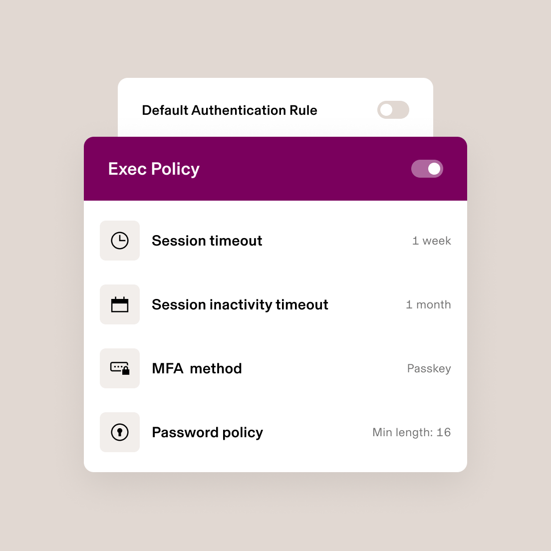 Authentication settings interface showing Exec Policy enabled with session timeouts, MFA method, and password requirements.