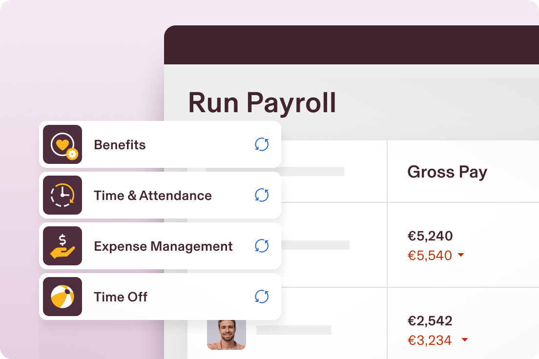 Example of a screen titled Run payroll in Rippling with options including Benefits, Time and Attendance, Expense Management, and Time Off