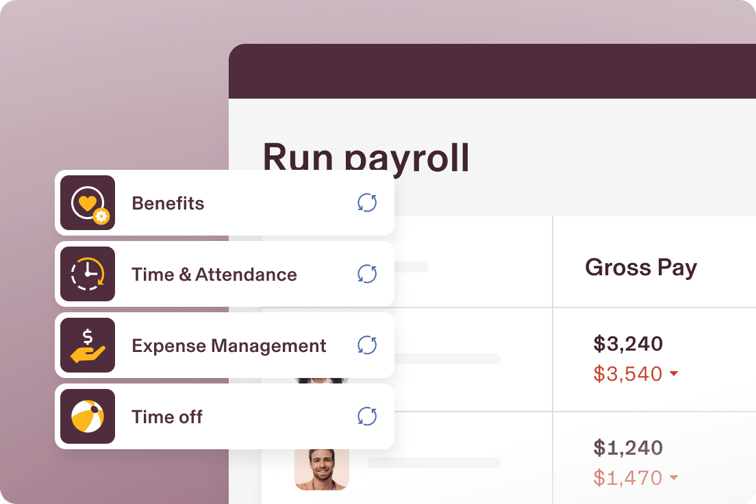 Example of a screen titled Run payroll in Rippling with options including Benefits, Time and Attendance, Expense Management, and Time Off
