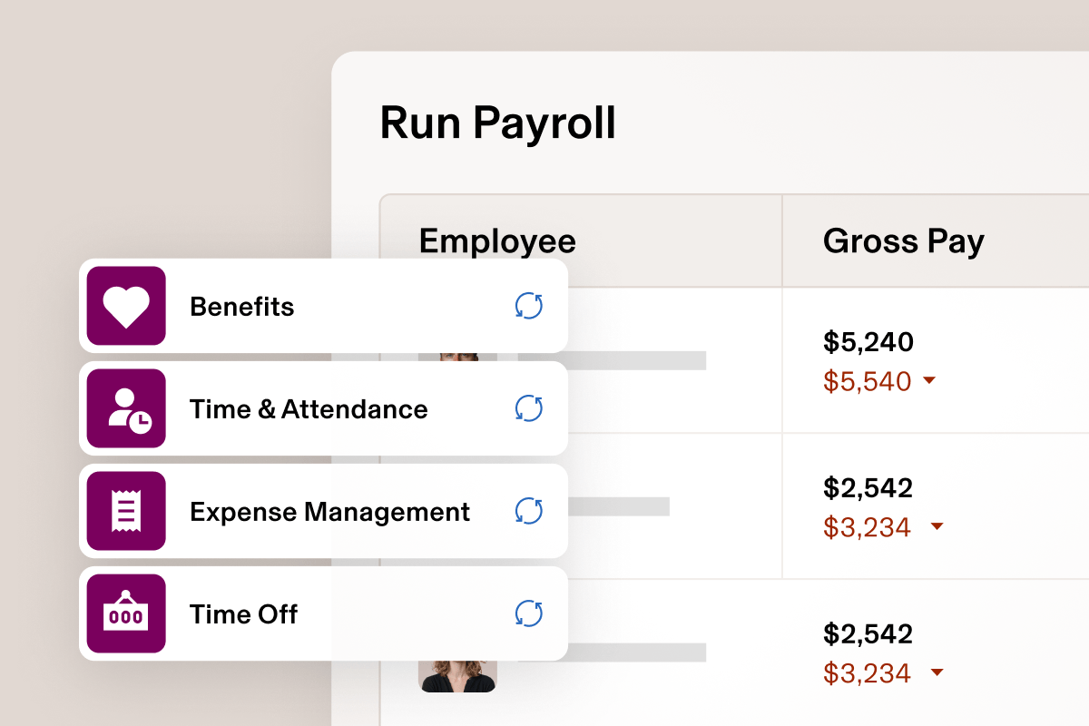 Exemple d’écran intitulé Lancement du cycle de paie dans Rippling, avec des options telles que Synchronisation des avantages sociaux, Temps et présence, Gestion des notes de frais, et Congés et absences