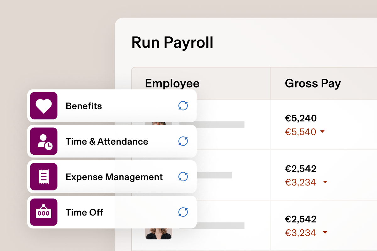 Example of a screen titled Run payroll in Rippling with options including Benefits, Time and Attendance, Expense Management, and Time Off