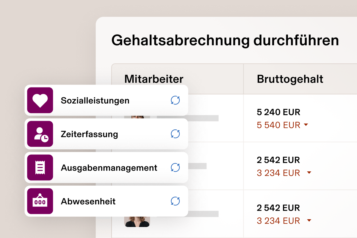 Beispiel eines Bildschirms zur Lohnauszahlung und Optionen wie Sozialleistungen, Zeiterfassung, Ausgabenmanagement und Abwesenheiten