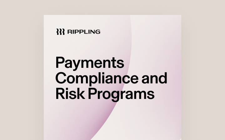 Rippling logo with text "Payments Compliance and Risk Programs" on a light background with subtle purple gradient.