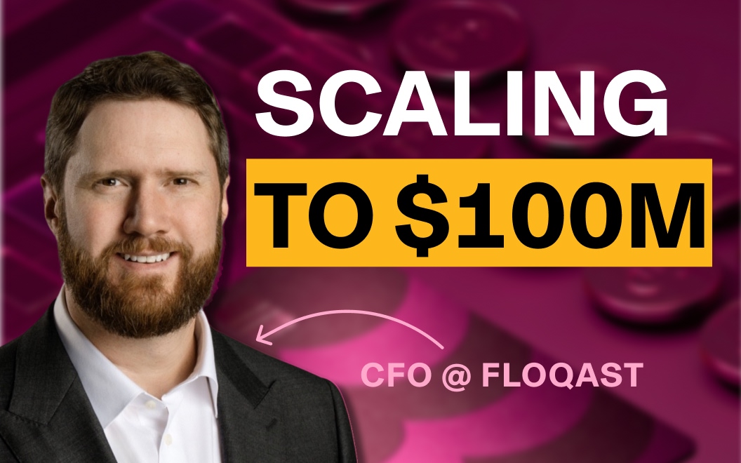 Headshot photograph of Razzak Jallow, CFO at FloQast, with text that says Scalling to $100M