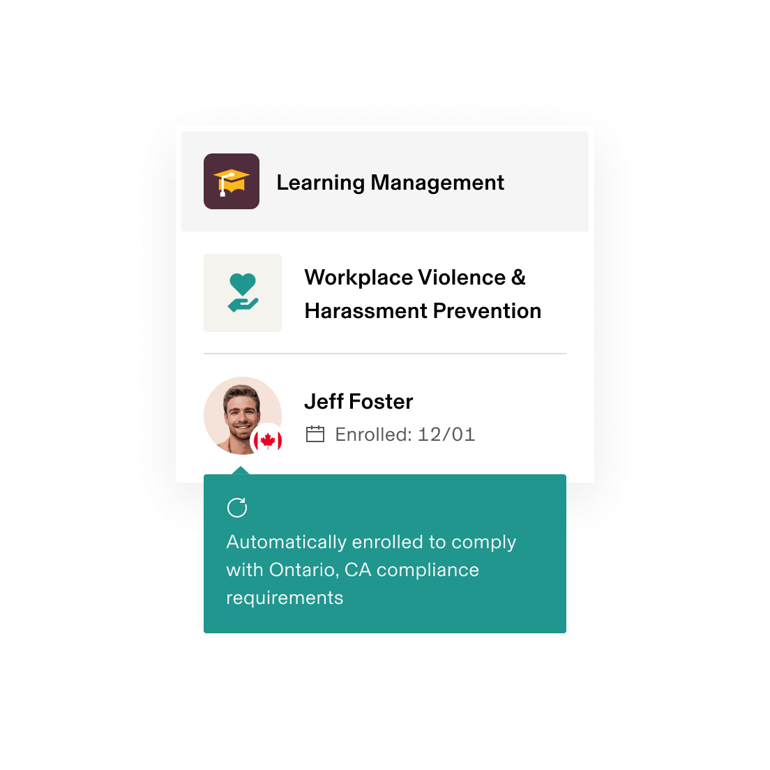 Learning management interface showing workplace violence prevention course enrollment for a user with Canadian flag, enrolled 12/01/22.