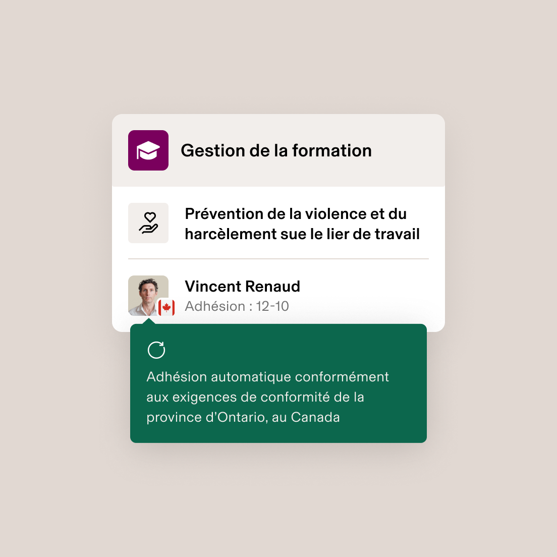 La interfaz de Gestión del aprendizaje muestra la inscripción de un empleado a un curso de prevención de violencia en el lugar de trabajo, con una bandera de Canadá, con fecha de inscripción 12/01/22.