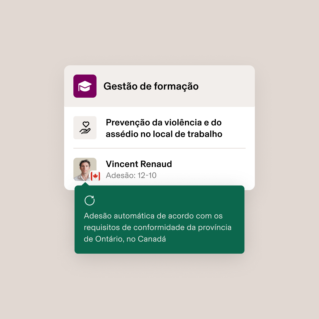 Interface de Gestão de Aprendizagem a mostrar uma inscrição no curso de prevenção de violência no local de trabalho para um utilizador com bandeira do Canadá, inscrito a 12/01/22.