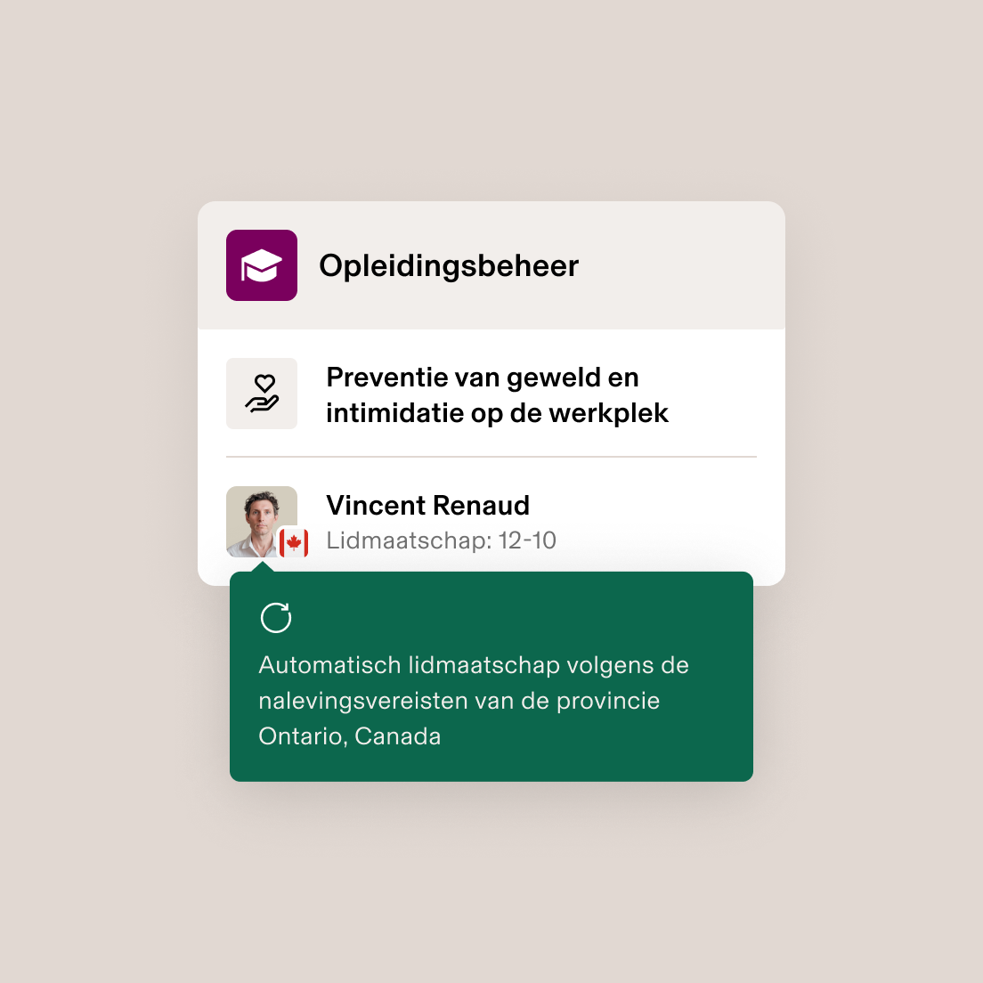 Interface voor opleidingsbeheer waarop de inschrijving voor een cursus ter voorkoming van geweld op de werkplek wordt weergegeven voor een gebruiker met de Canadese vlag, ingeschreven op 12-01-2022.