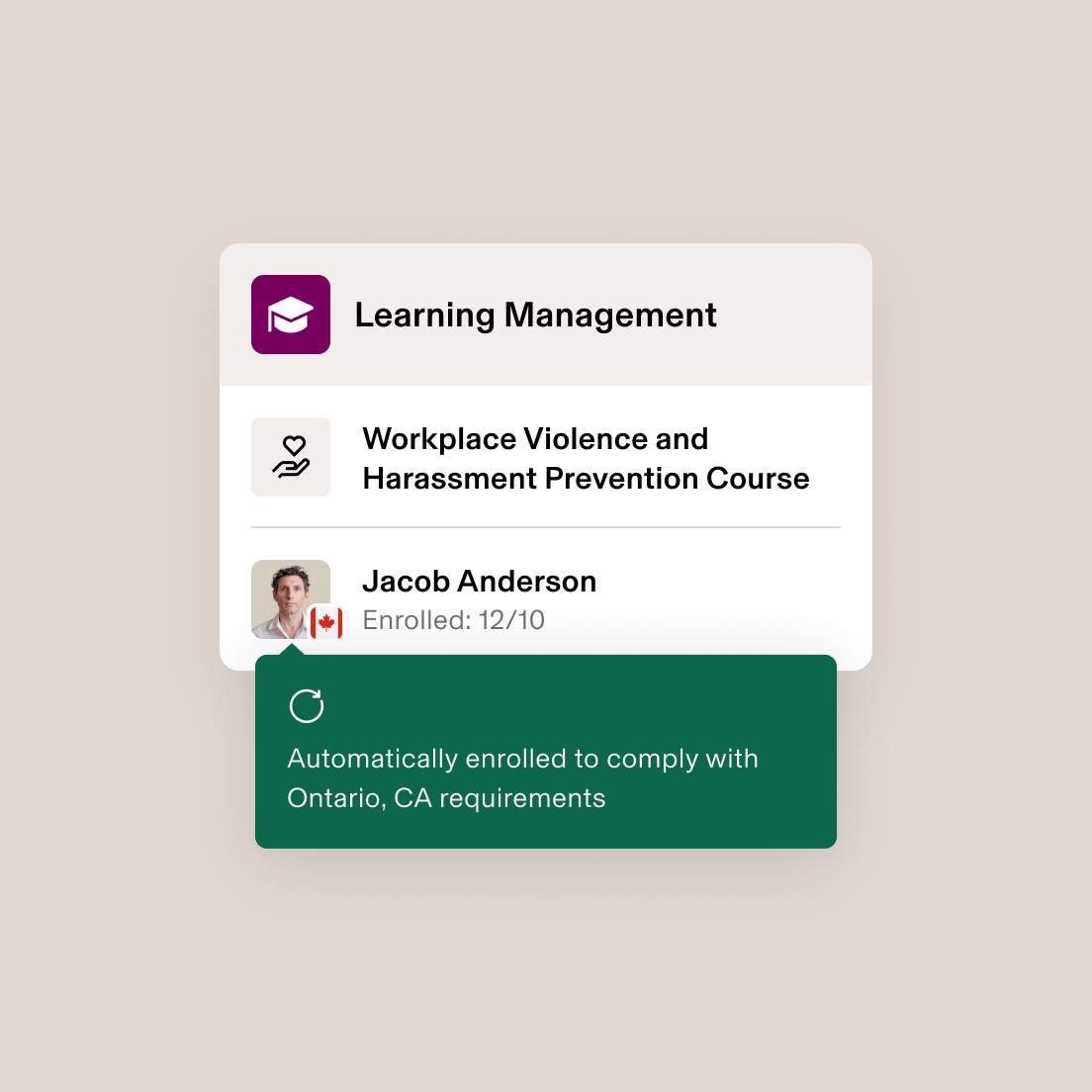 Learning management interface showing workplace violence prevention course enrollment for a user with Canadian flag, enrolled 12/01/22.