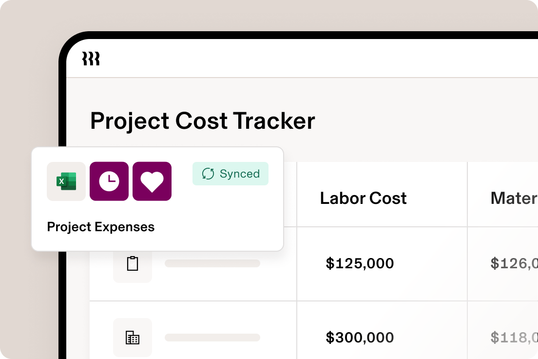 Project Cost Tracker interface showing expenses section with Excel icon, labor costs of $125,000 and $300,000 displayed in a table.