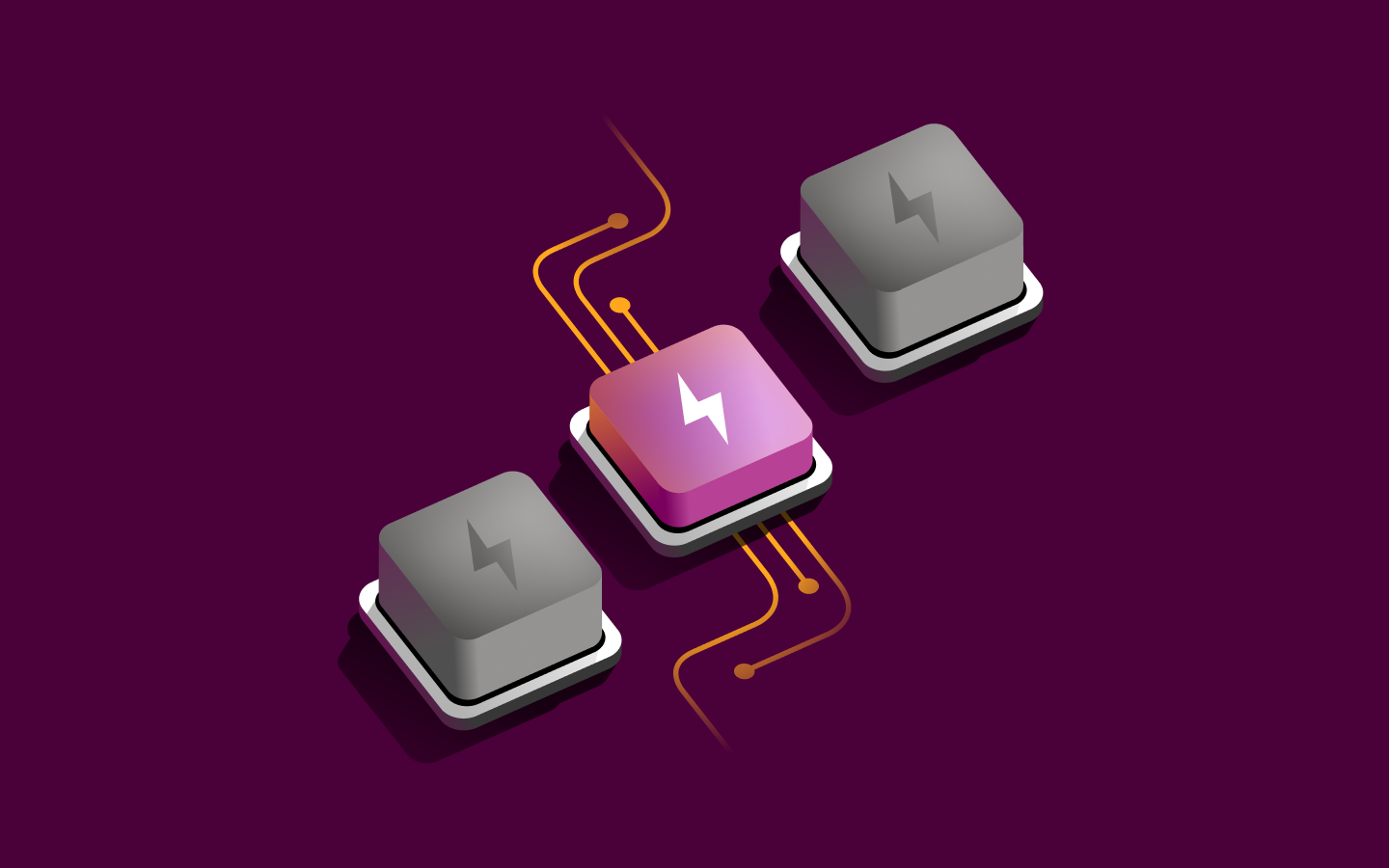 Three keyboard keys with lightning bolt icons on purple background, center key glowing pink with circuit lines.