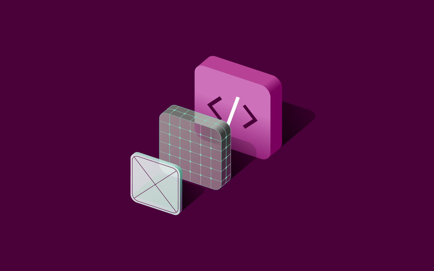 3D icons on purple background: white envelope, gray gridded block, and pink code symbol with brackets and slash.