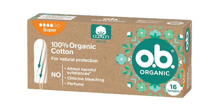 Vorderseite der Verpackung des o.b.® Organic Super Tampons mit 16 Stück