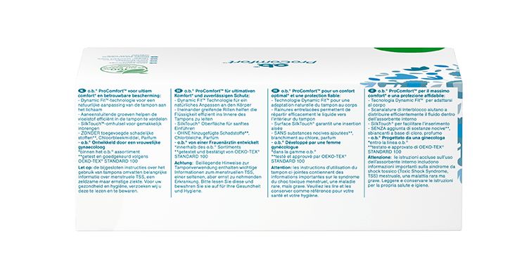 Rückseite der Verpackung des o.b.® ProComfort Super Plus Tampons mit 32 Stück