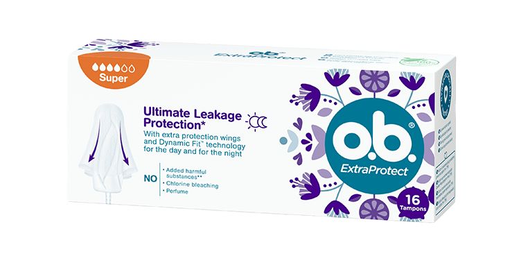 Vorderseite der Verpackung des o.b.® ExtraProtect Super Tampons mit 16 Stück