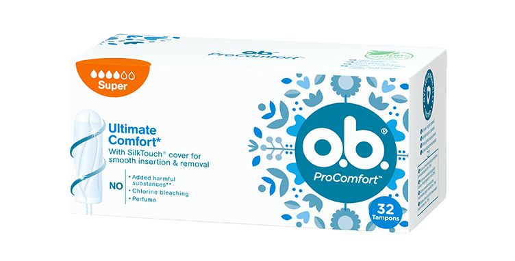 Vorderseite der Verpackung des o.b.® ProComfort Super Tampons mit 32 Stück
