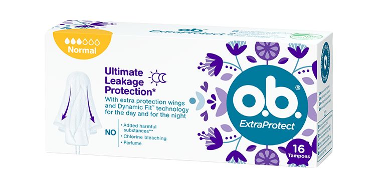 Vorderseite der Verpackung des o.b.® ExtraProtect Normal Tampons mit 16 Stück