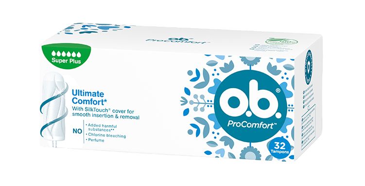 Vorderseite der Verpackung des o.b.® ProComfort Super Plus Tampons mit 32 Stück