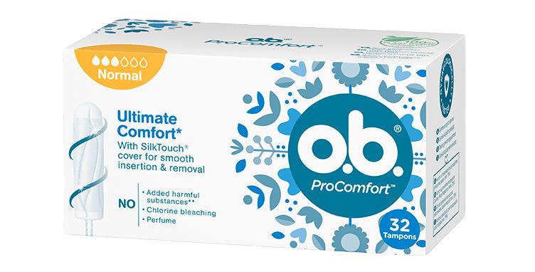 Vorderseite der Verpackung des o.b.® ProComfort Normal Tampons mit 32 Stück