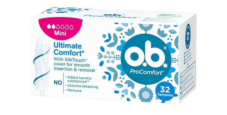 Vorderseite der Verpackung des o.b.® ProComfort Mini Tampons mit 32 Stück