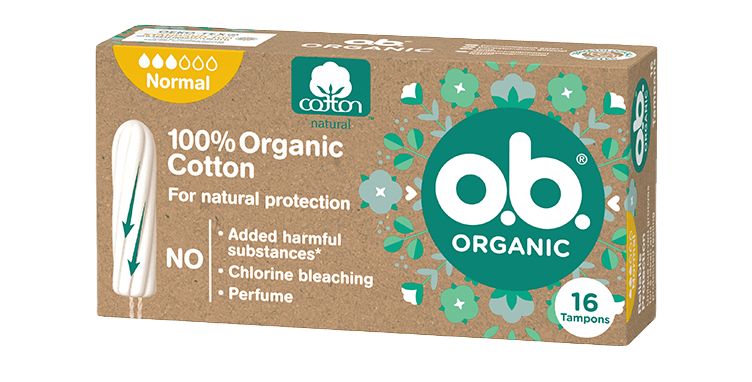 Vorderseite der Verpackung des o.b.® Organic Normal Tampons mit 16 Stück