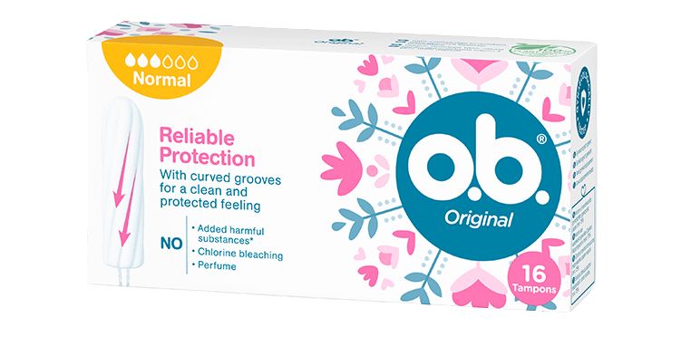 Vorderseite der Verpackung des o.b.® Original Normal Tampons mit 16 Stück