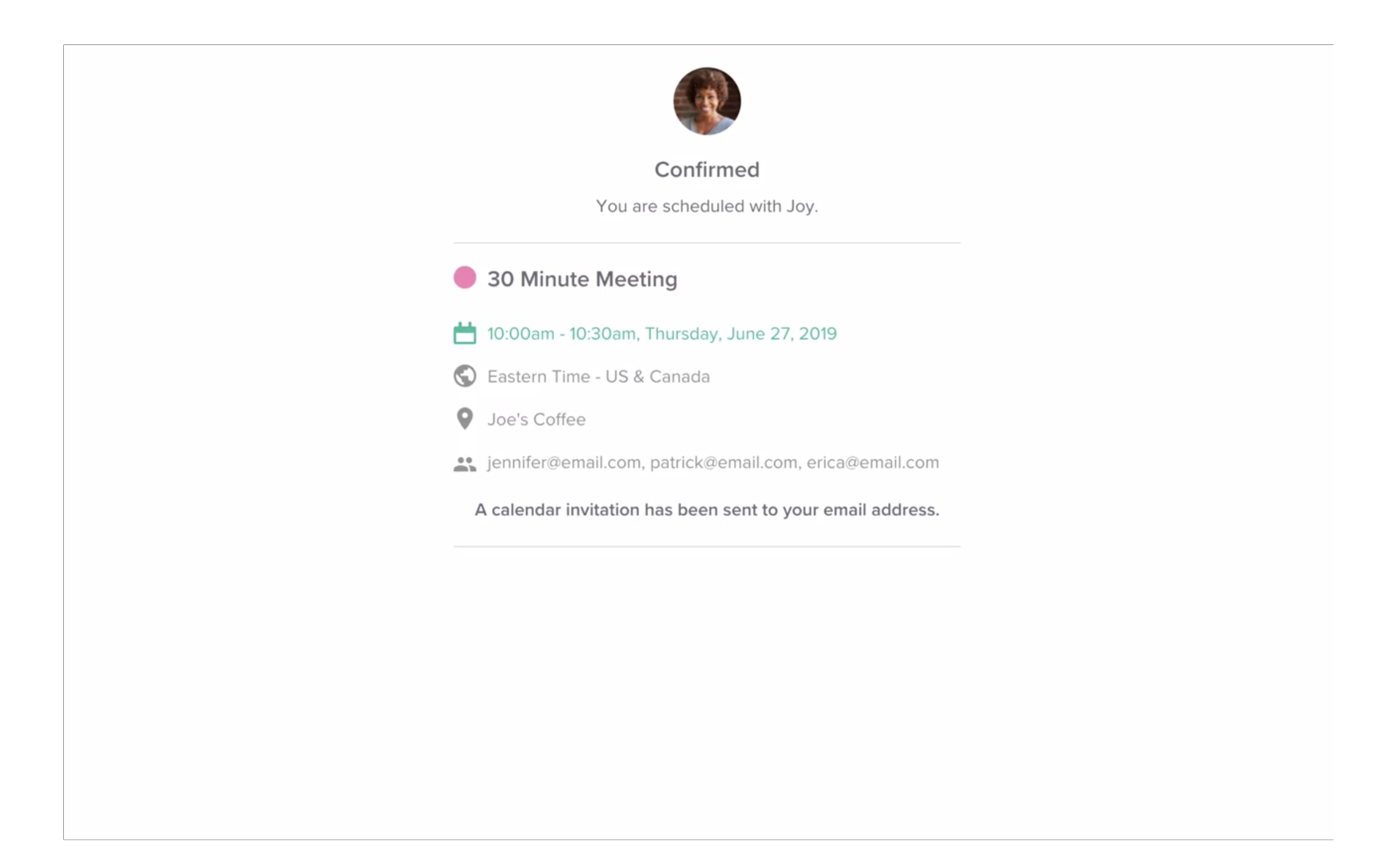 Confirmation screen for a meeting booked via Calendly