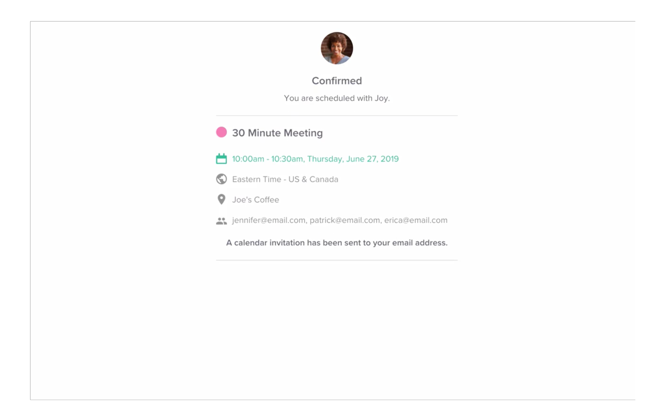 Confirmation screen for a meeting booked via Calendly Confirmation screen for a meeting booked via Calendly