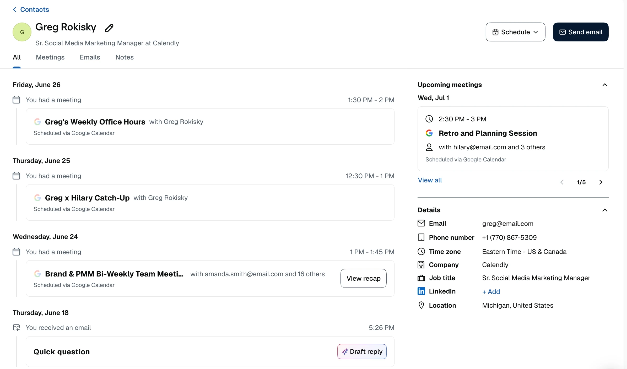 Calendly contact profile for Greg Rokisky showing recent meetings, an email, an upcoming meeting, and contact details.