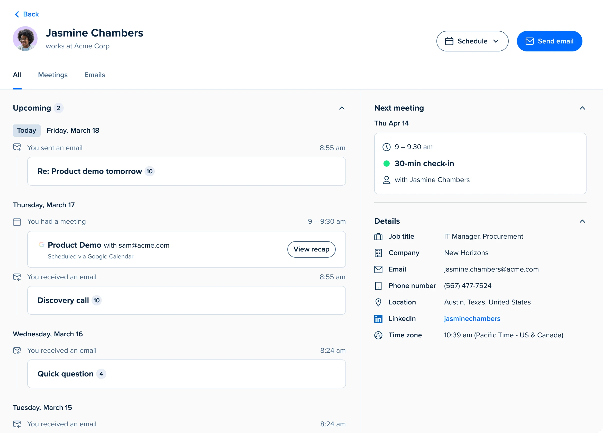Calendly contact profile for Jasmine Chambers showing a timeline of emails and meetings, an upcoming meeting card, and contact details including company, email, phone number, and time zone.