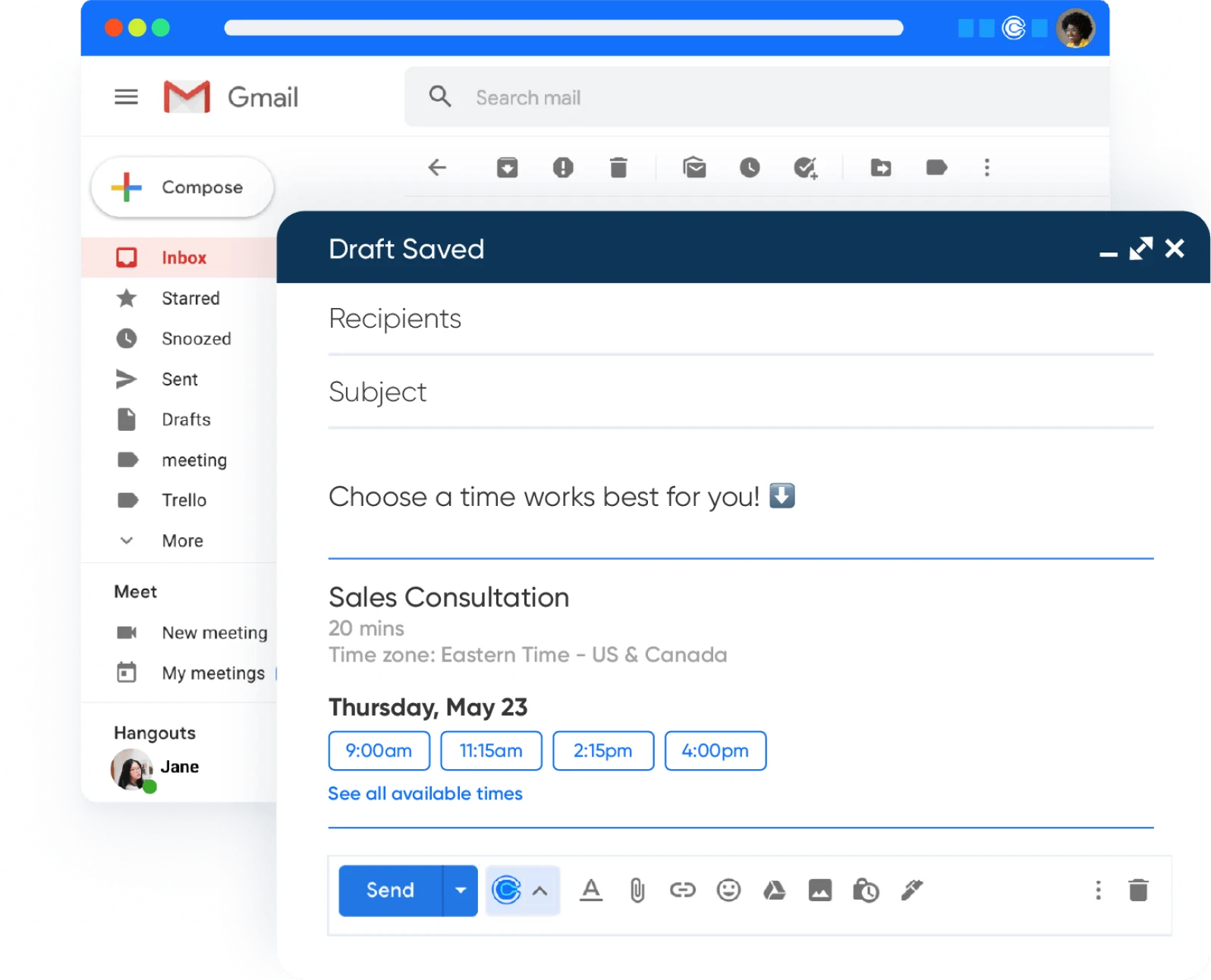 Stylized screenshot of the Gmail compose window. Calendly meeting times are embedded in the email copy.