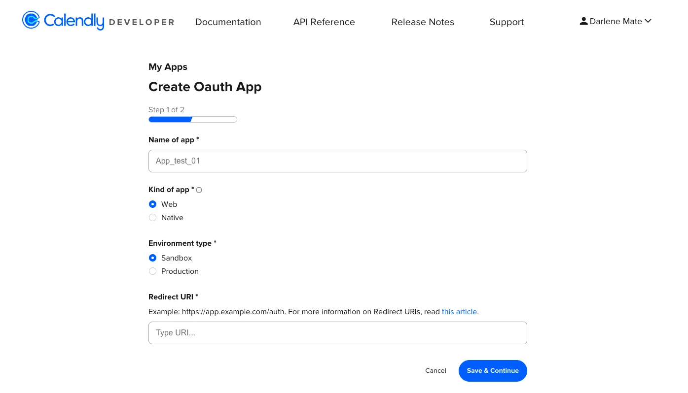 Screenshot of the page to create a new OAuth app in the Calendly Developer Portal.