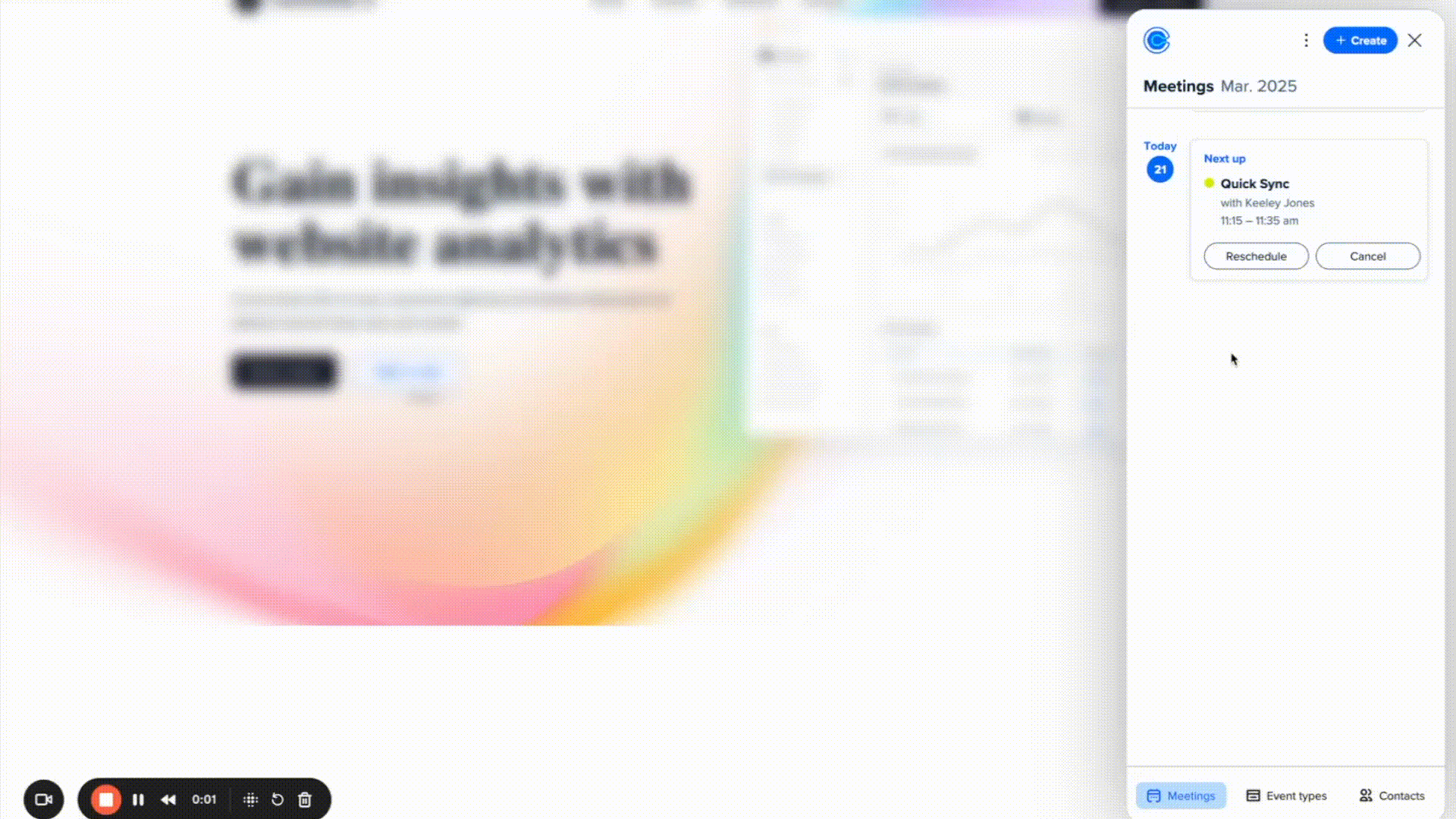 GIF showing the process of sending a reschedule request from the Meetings tab in the Calendly extension 