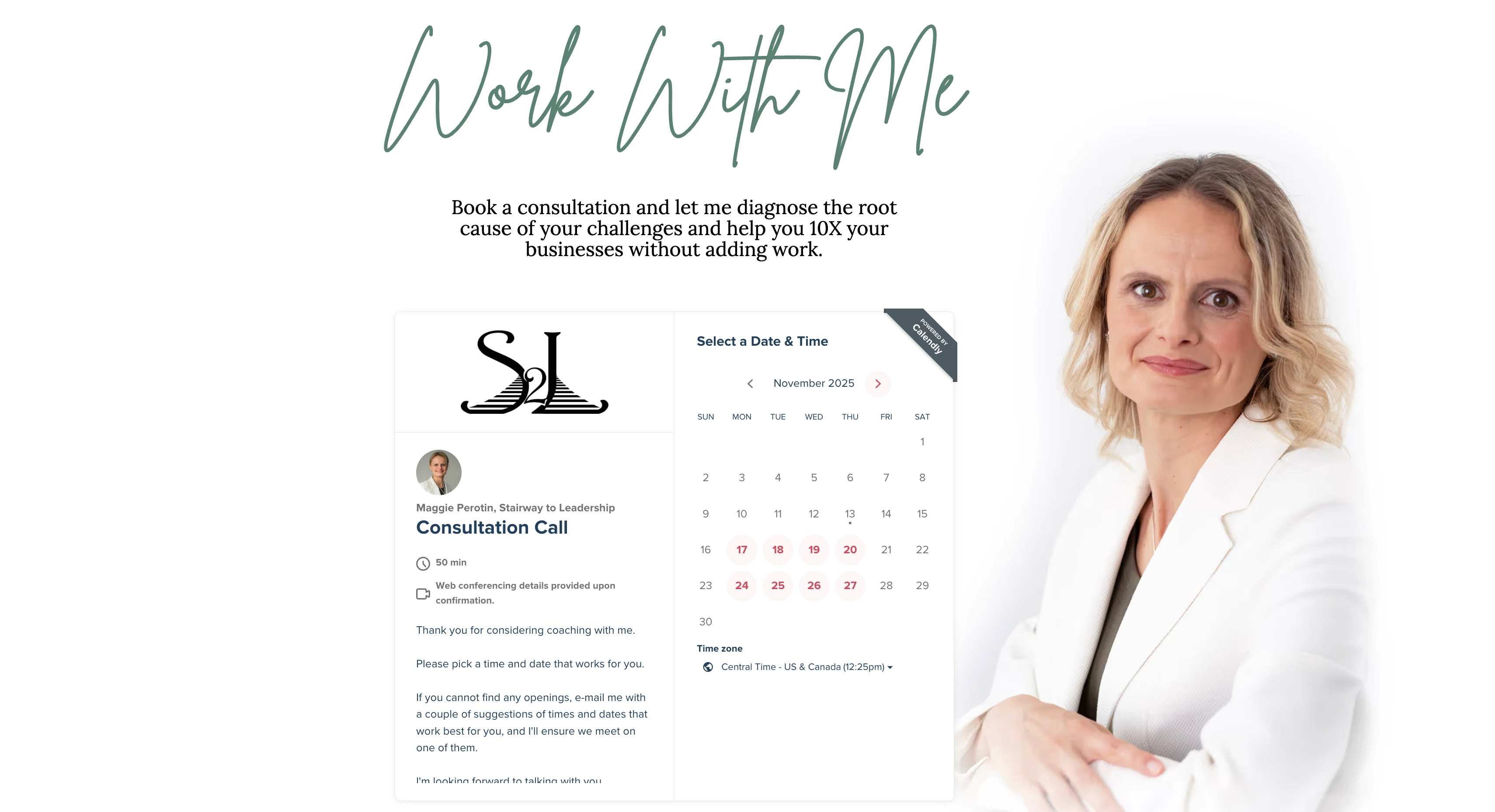 Screenshot of the Stairway to Leadership website. The Calendly booking calendar for a Consultation Call is embedded on the webpage.