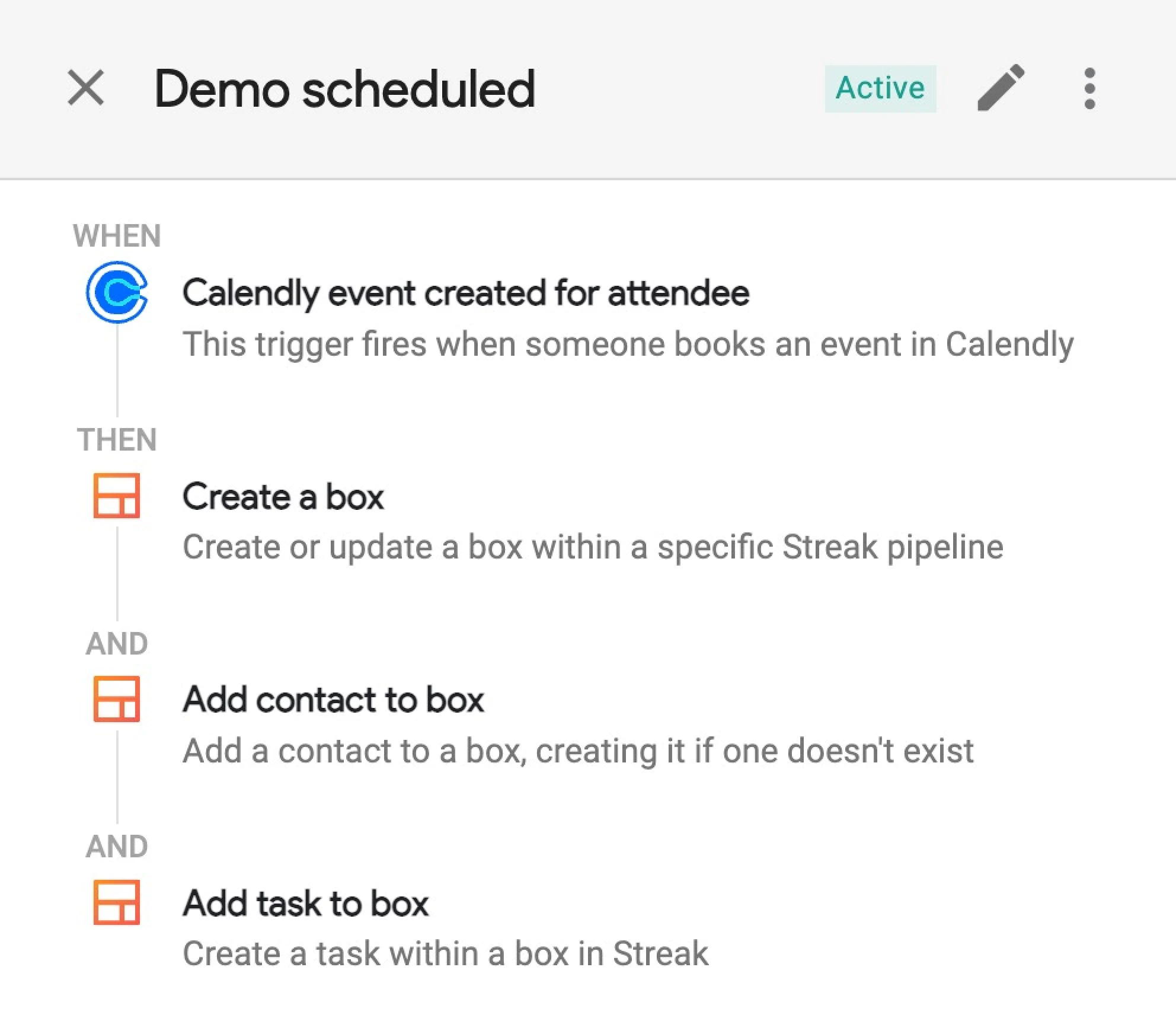 Screenshot showing a sales demo scheduled via Calendly within the Streak CRM platform.
