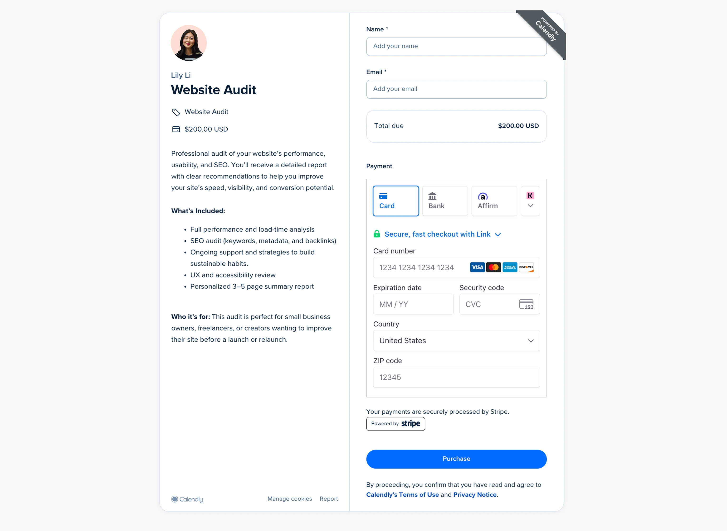 Screenshot of a Calendly payment link checkout page for a Website Audit.