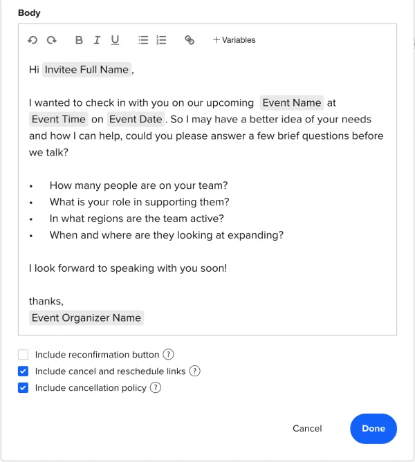 Screenshot of qualifying questions a sales rep would email to a prospect before a meeting