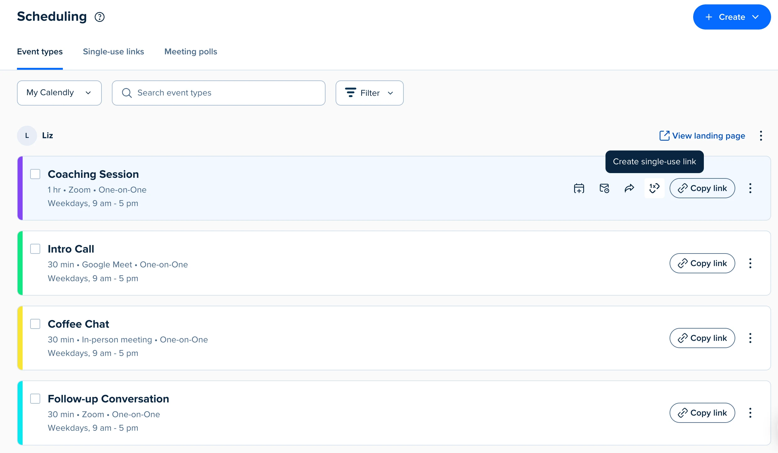 Screenshot of the Scheduling page in the Calendly web app. The user's Event Types are listed. The cursor hovers over the single-use link icon for a Coaching Session Event Type.
