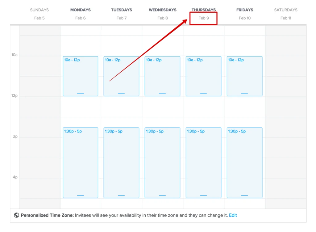 Image showing where to click to update a day's availability setting in Calendly