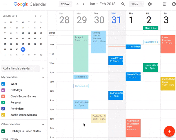 Gif showing how easy it is to use and organize Google Calendar