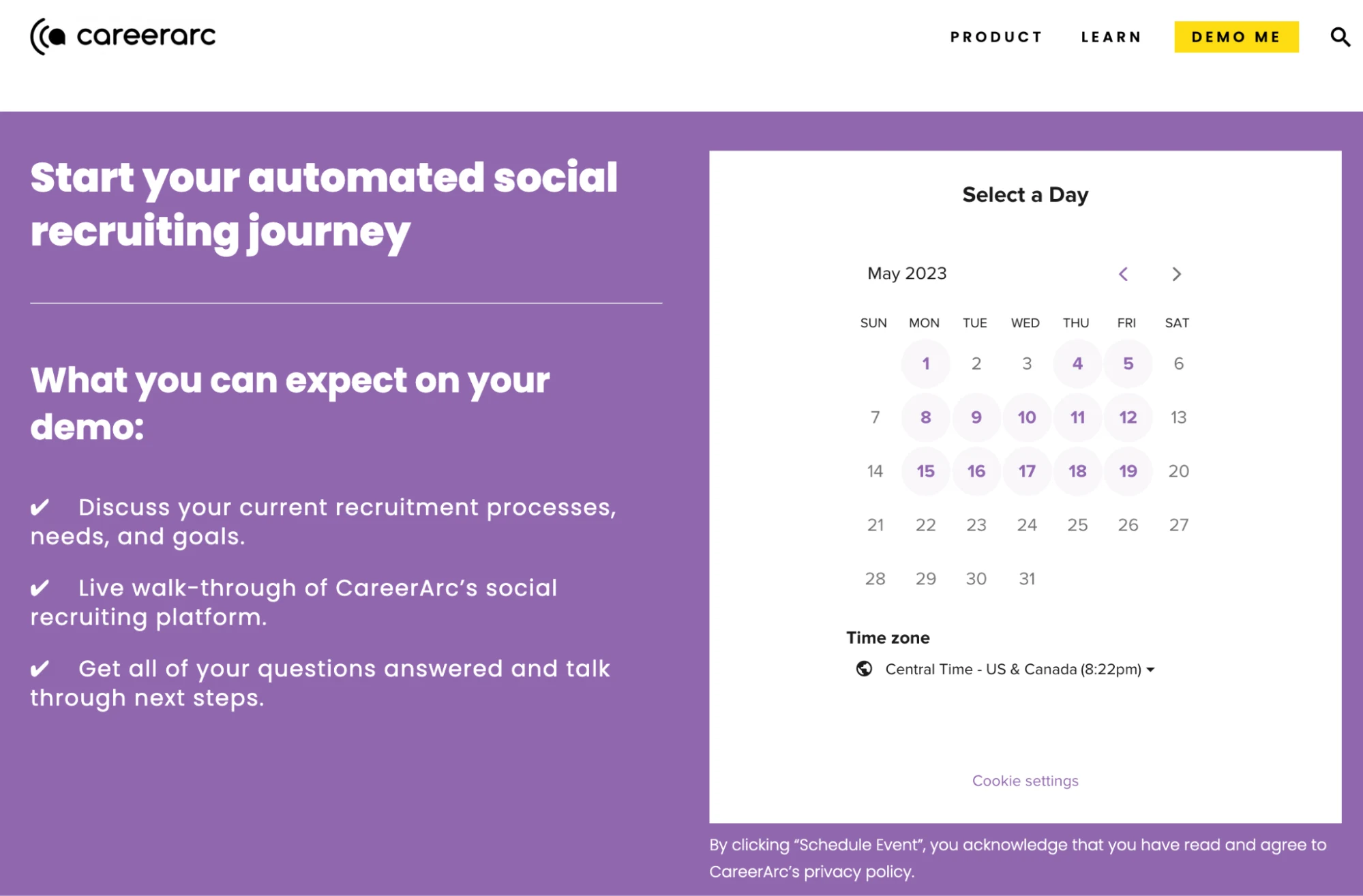Screenshot of CareerArc's demo scheduling page. Calendly is embedded on the page with the header "Select a Day."